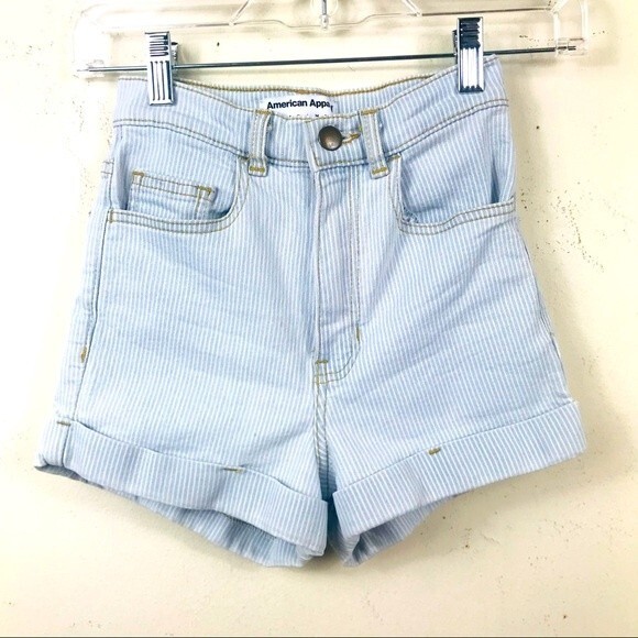 American Apparel High Waisted Striped Denim Jean Shorts Size 24 Light Blue Retro - Picture 7 of 15